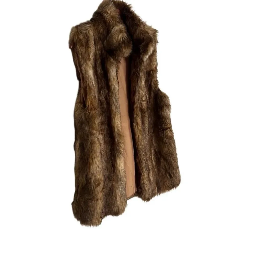 Universal Thread Faux Fur Open Front Stand Up Collar Lined Vest Brown OSFM